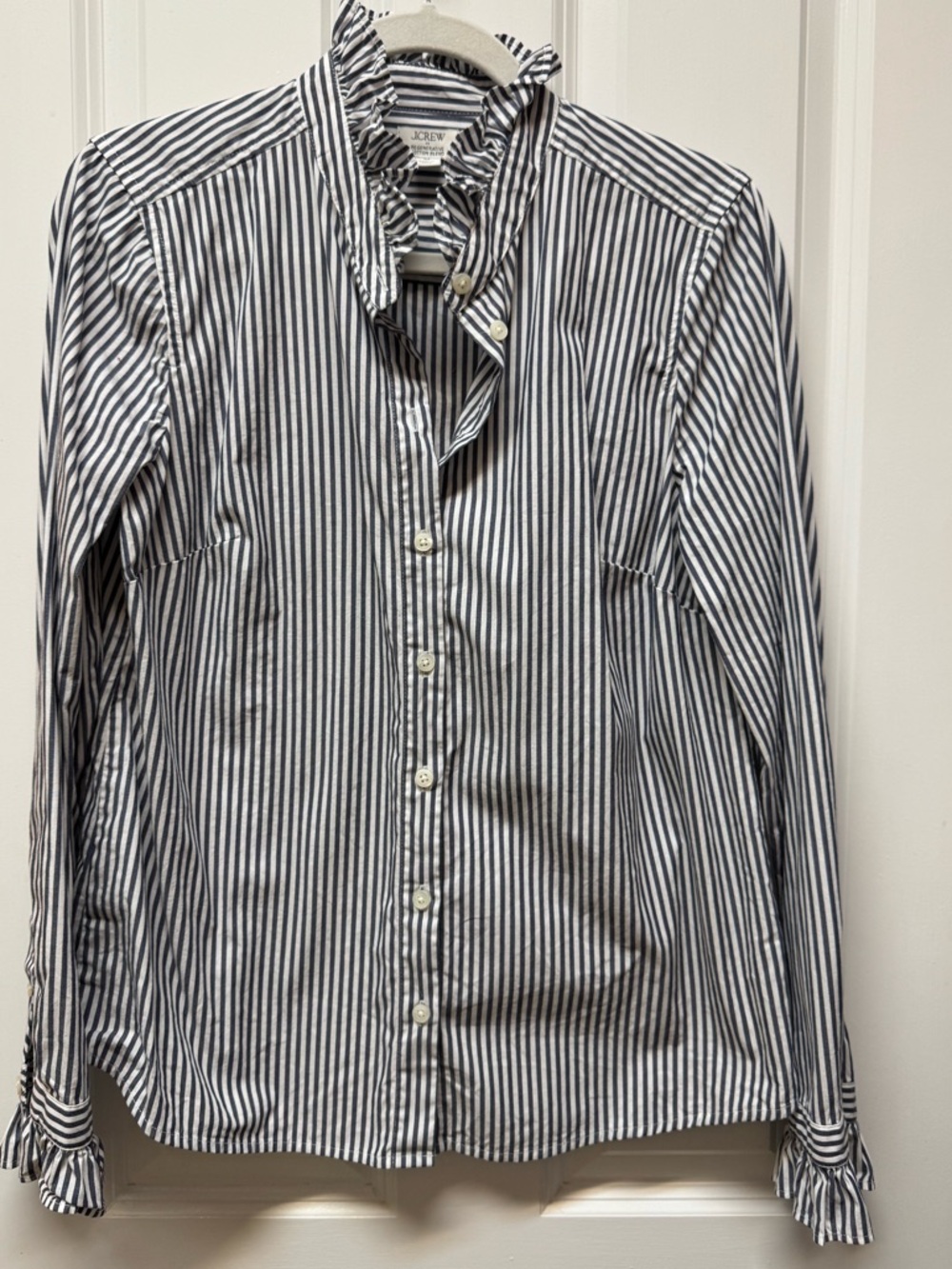 J. Crew Navy & White Stripe Ruffle Collar Button-Down Shirt